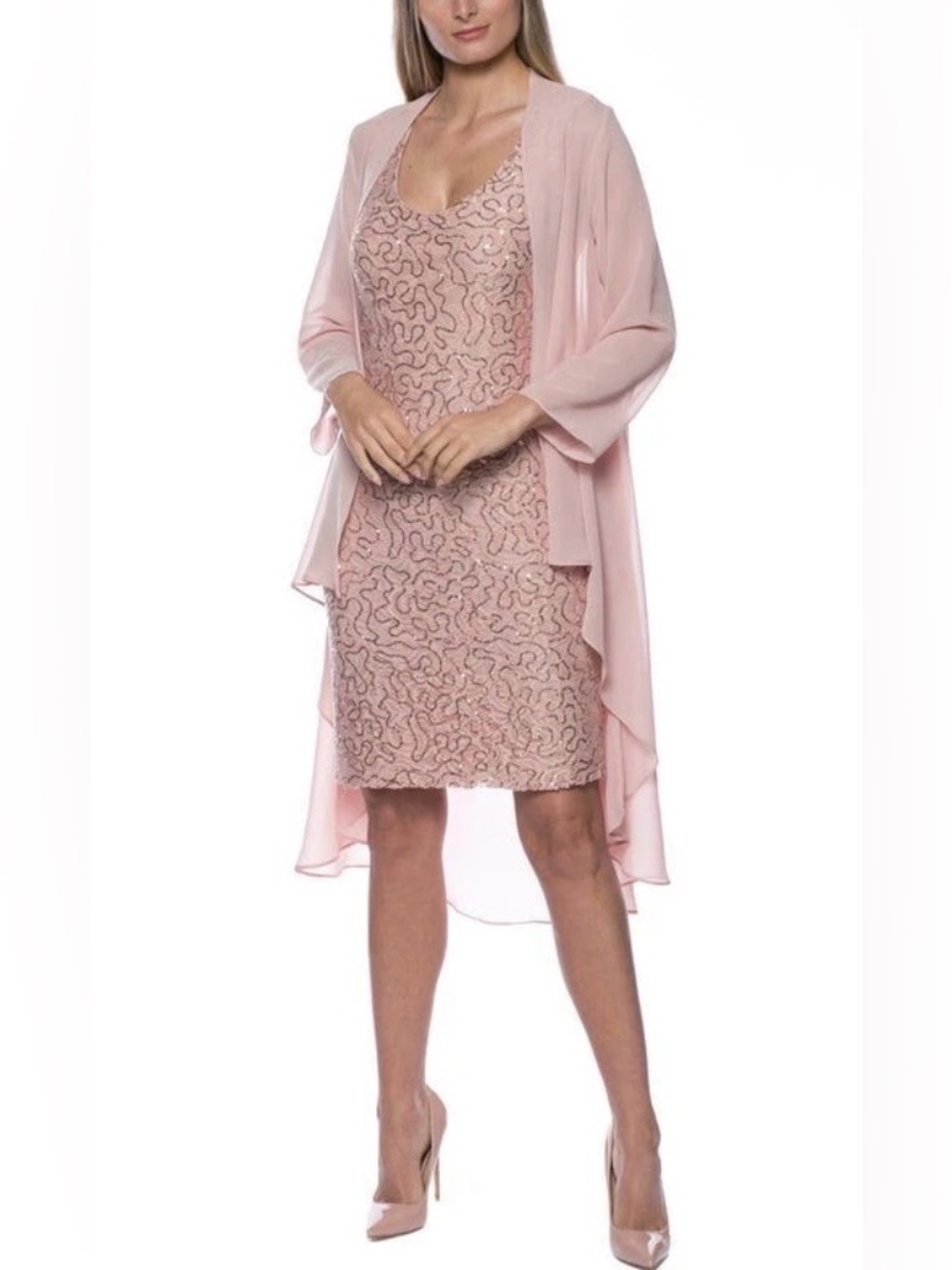 Marina Blush Pink Beaded Dress with Sheer Duster Sz 6